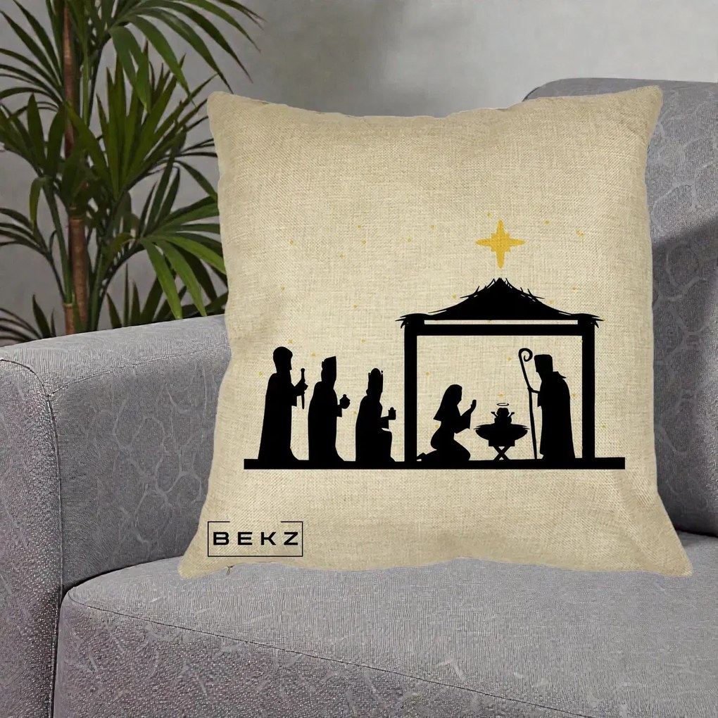 Perna Decorativa Nasterea Pruncului Silueta Neagra si Stea Aurie, 40x40 cm, Crem, Husa Detasabila, Perna Inclusa, BEKZ®
