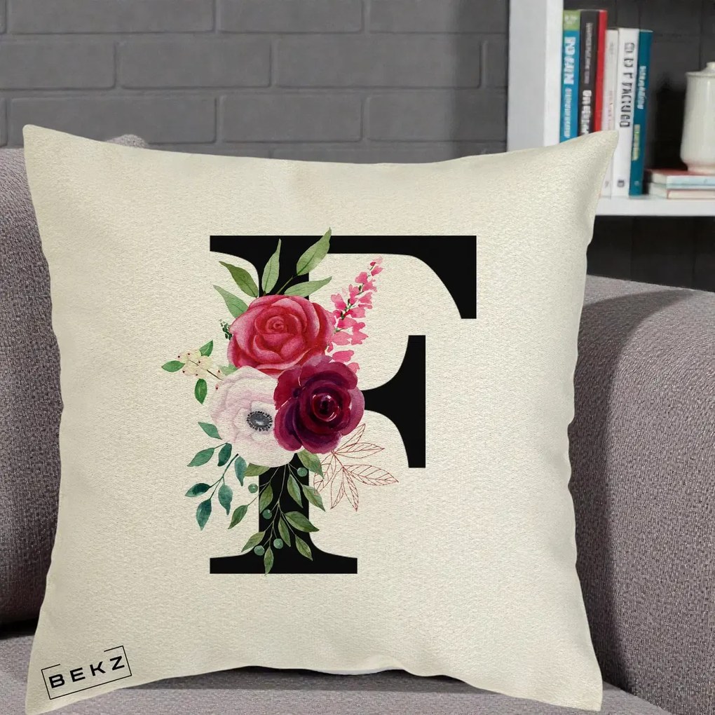 Cadou Personalizat - Perna Personalizata Monograma Florala Litera F, 40x40 cm, Ecru, Husa Detasabila, Perna Inclusa, BEKZ®