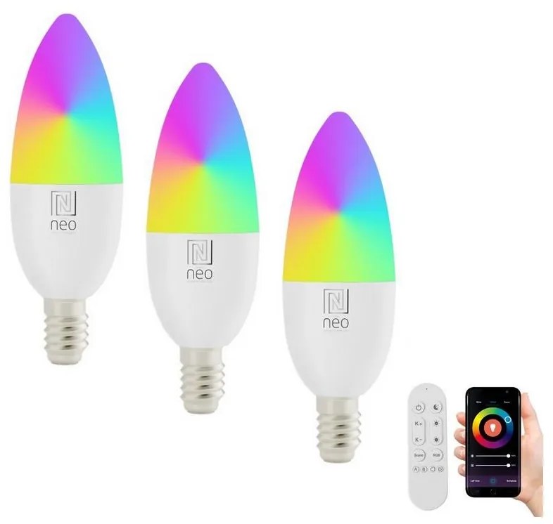 SET 3x bec LED RGB dimabil Immax NEO 07716CDO E14/6W/230V Wi-Fi Tuya + telecomandă