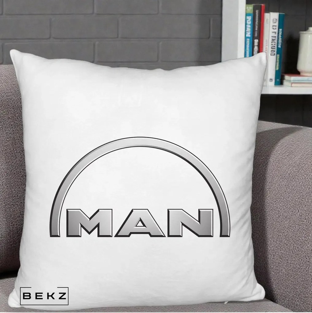 Perna Personalizata cu emblema MAN, 40x40 cm, Alb Pufos, Husa Detasabila, Perna Inclusa, BEKZ®