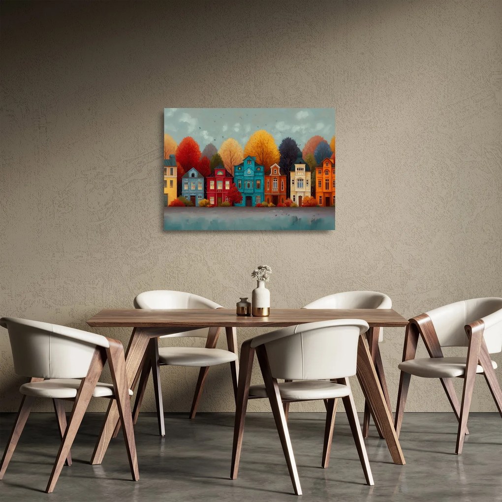 Tablou pe sticlă - Oraș de toamnă pictat (70x50 cm)