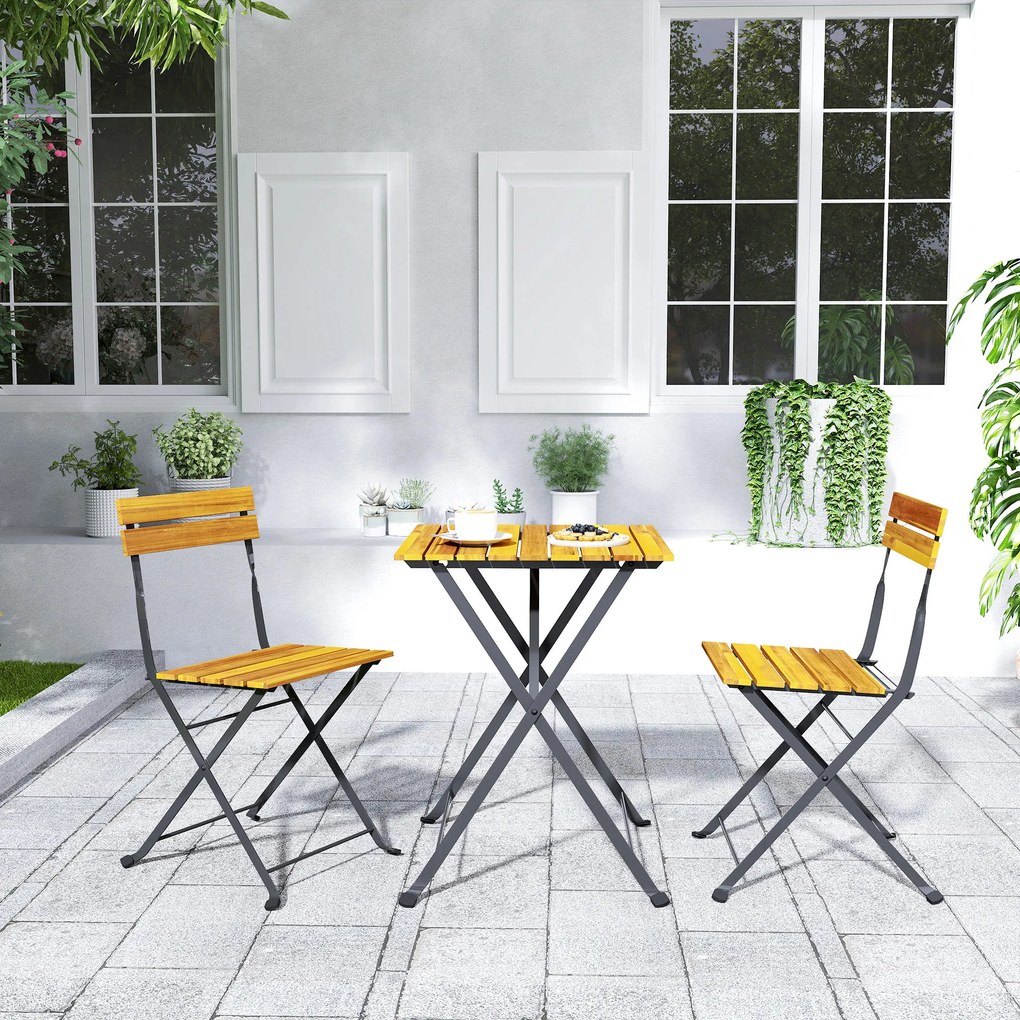 Outsunny Set bistrou de grădină 3 piese cu 2 scaune și masă de cafea din lemn de acacia și oțel efect lemn natural | Aosom Romania