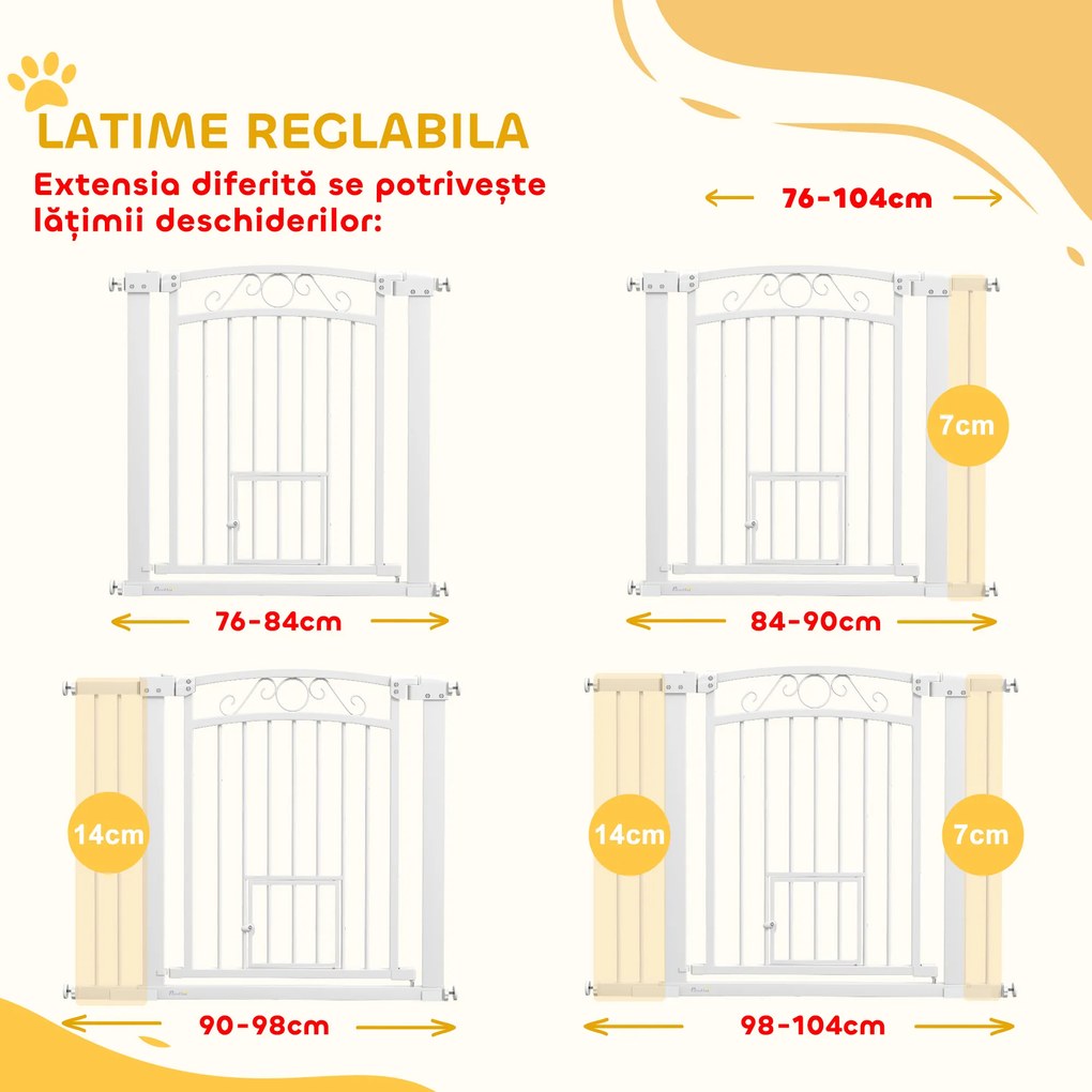 PawHut Ușă de Siguranță pentru Câini de Interior cu 2 Extensii și Ușiță pentru Pisici, 76-104x77 cm, Alb | Aosom Romania