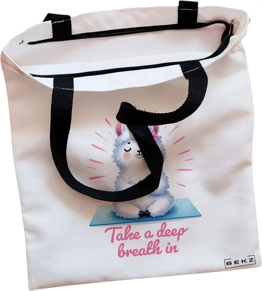 Sacosa de Panza pentru Cumparaturi, Geanta Tote, Yoga Take a deep breath in, Cu fermoar, 38x34.5 cm, Alba, BEKZ®