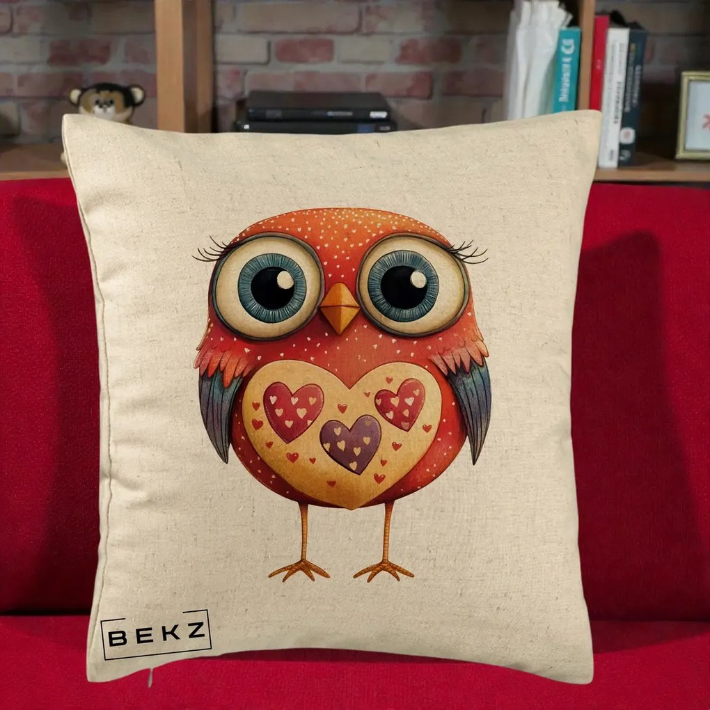 Perna Decorativa Bufnita Rosie cu Inimi Aurii, 40x40 cm, Bej, Husa Detasabila, Perna Inclusa, BEKZ®