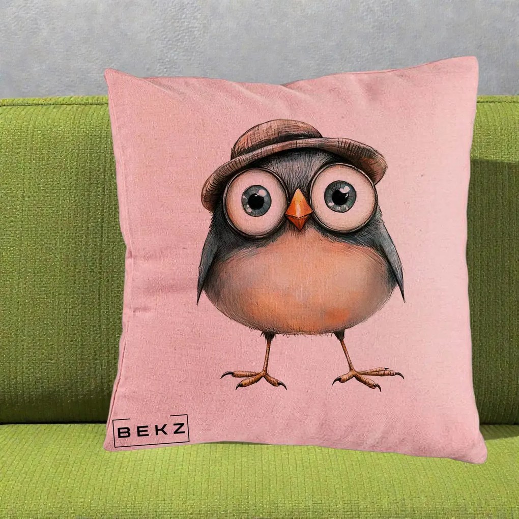 Perna Decorativa Pui cu Palarie Rotunda, 40x40 cm, Roz, Husa Detasabila, Perna Inclusa, BEKZ®
