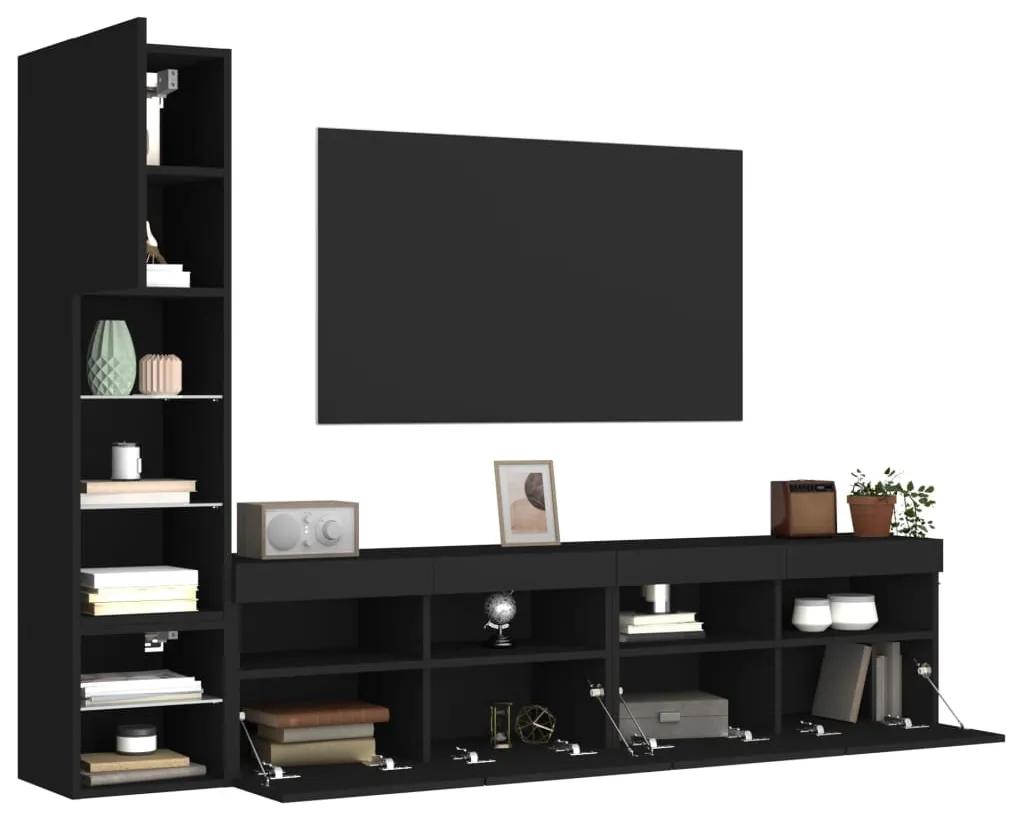3216712 vidaXL Unități de perete TV cu LED-uri, 4 piese, negru, lemn prelucrat