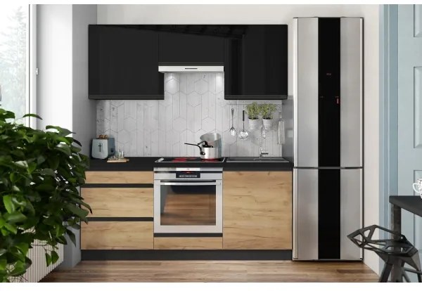 Mobilă de bucătărie MARINA 180 cm, stejar craft/negru lucios