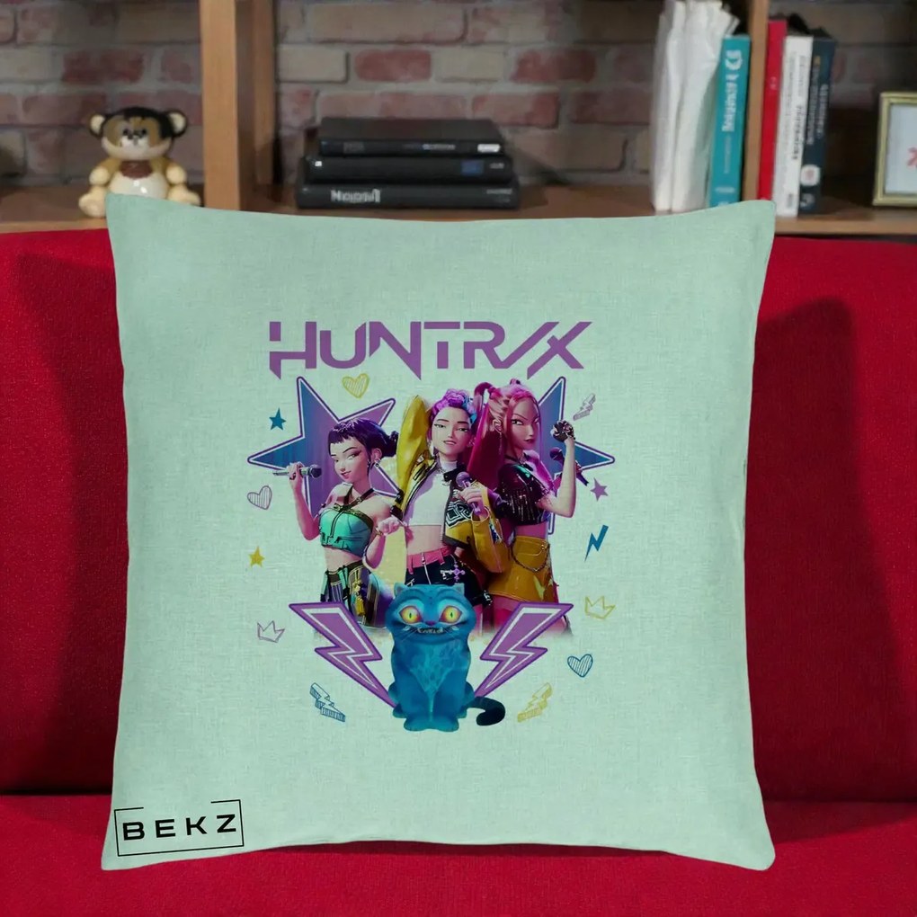 Perna Personalizata K-pop HUNTRX Trio 3D cu Pisica Fulgere, 40x40 cm, Verde Menta, Husa Detasabila, Perna Inclusa, BEKZ®