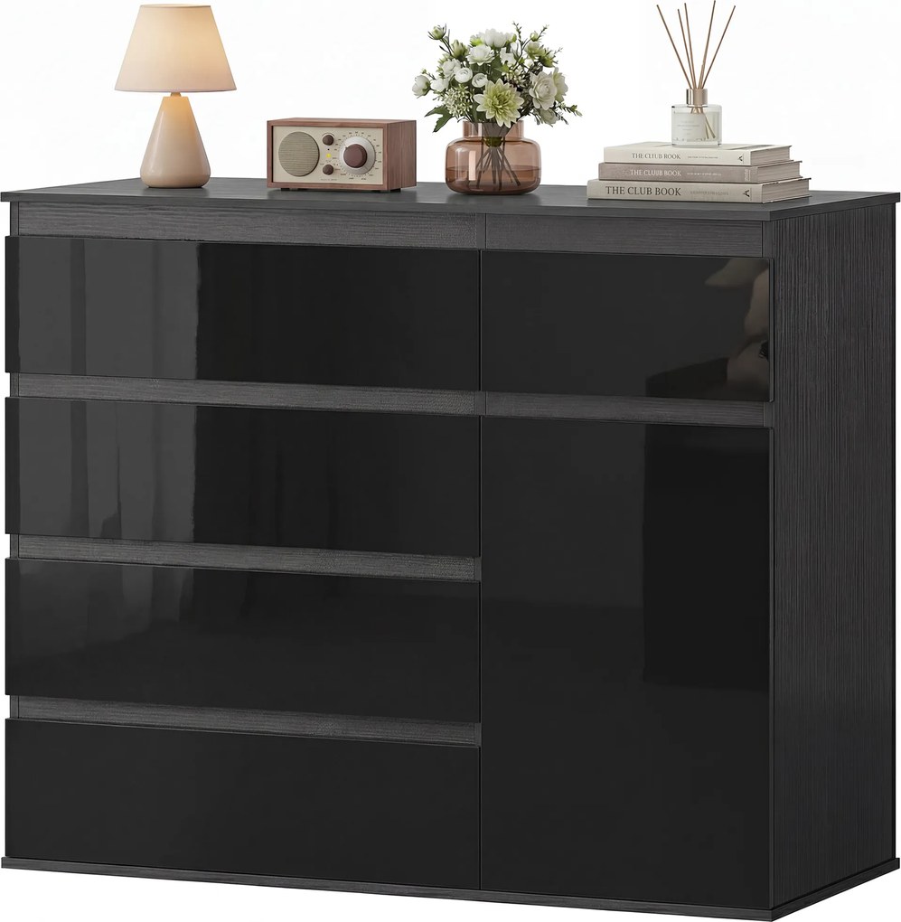 HOMCOM Sideboard modern, sideboard de depozitare cu 5 sertare, raft reglabil, ușă Soft-Close, negru lucios | Aosom Romania