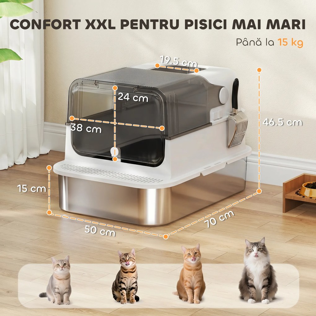 PawHut Litieră Închisă pentru Pisici din Oțel Inoxidabil, 52 L, cu Capac Rabatabil, Ușă Dublă și Lopățică, Alb | Aosom Romania