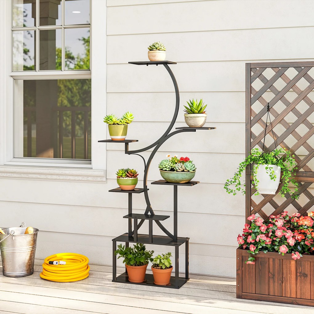 Outsunny Suport pentru Plante cu 8 Rafturi în Formă de S, Suport Ghivece Metalic pentru Interior și Exterior, pentru Grădină, Balcon, Terasă, Cameră de Zi, 74x26x158,5 cm, Negru | Aosom Romania