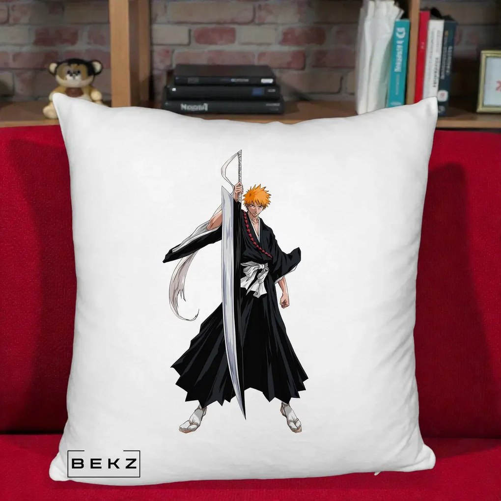 Perna Personalizata Bleach Ichigo Kurosaki Zangetsu, 40x40 cm, Alb Pufos, Husa Detasabila, Perna Inclusa, BEKZ®