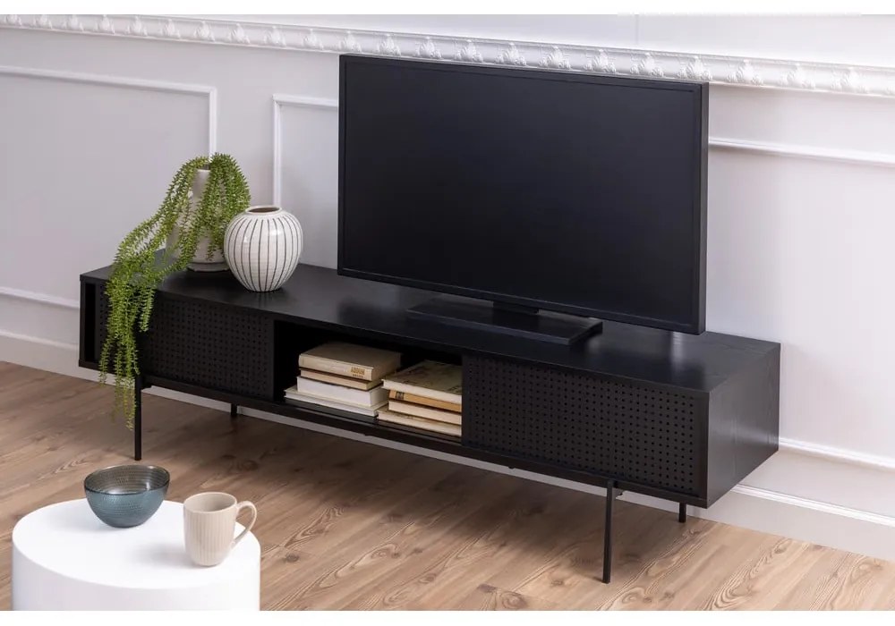 Comodă TV neagră cu aspect de lemn de frasin 180x44,5 cm Angus – Actona