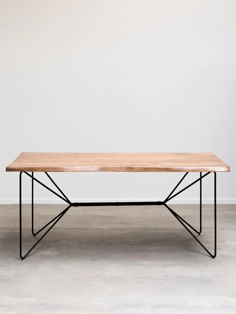 Masă dining cu bancă din lemn masiv de acacia, maro, 8 locuri, cu margini naturale și bază din metal negru, 77,5 x 180 x 96,5 cm, „Frequency”