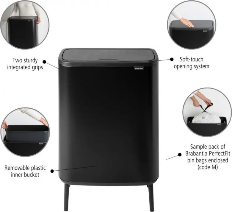 La mâna a doua: Cos pentru gunoi Brabantia Bo Touch Hi 1001260, 60 L, Inaltat, Deschidere lina si silentioasa, Negru mat