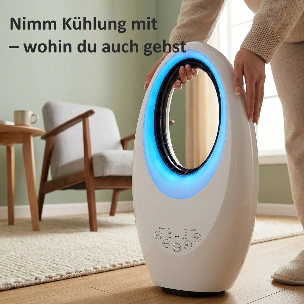 HOMCOM Ventilator turn fără pale, ventilator silențios 36 dB cu oscilație 60°, iluminare LED, 3 trepte de viteză, 7,5-Stunden-Timer, telecomandă | Aosom Romania