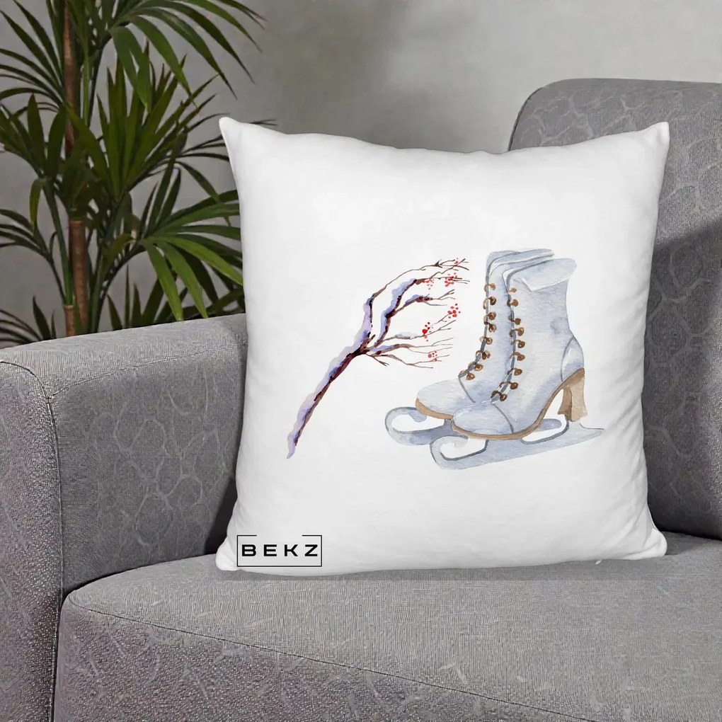Perna Decorativa Patine cu Ramuri Inzapezite, 40x40 cm, Alb Pufos, Husa Detasabila, Perna Inclusa, BEKZ®
