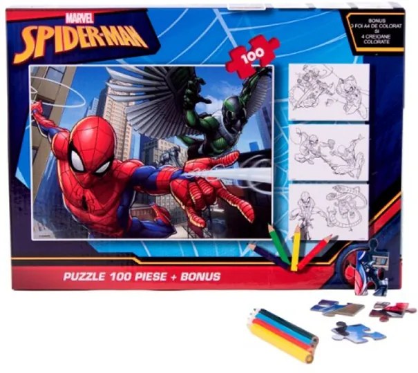 Puzzle 100 de piese Spiderman + bonus: 3 foi de colorat + 4 creioane colorate