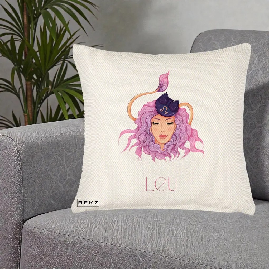 Perna Personalizata Zodie Leu, 40x40 cm, Crem Reliefat, Husa Detasabila, Perna Inclusa, BEKZ®