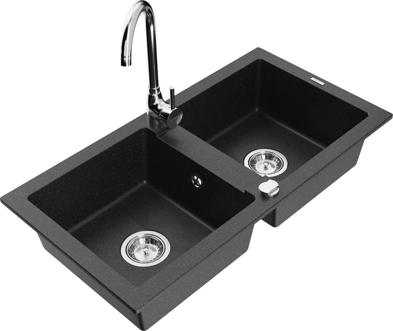 Mexen Mario chiuvetă de granit cu 2 cuve și baterie de bucătărie Telma, negru/argintiu - 6504-73-670200-00