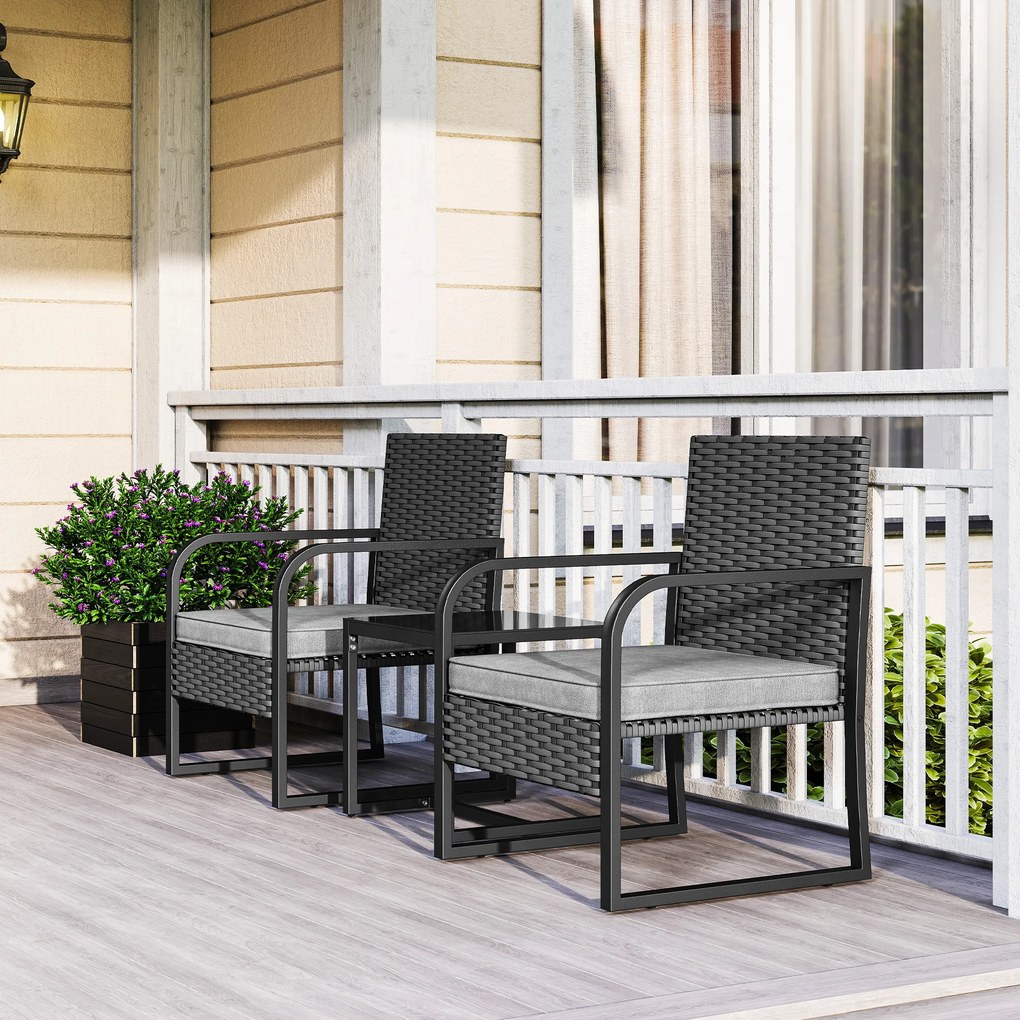 Outsunny Set de Grădină 3 Piese din Rattan PE și Oțel, Set cu 2 Fotolii cu Perne Lavabile și Măsuță de Cafea cu Blat din Sticlă, Set de Mobilier pentru Balcon, Terasă sau Curte, Gri Închis și Negru | Aosom Romania