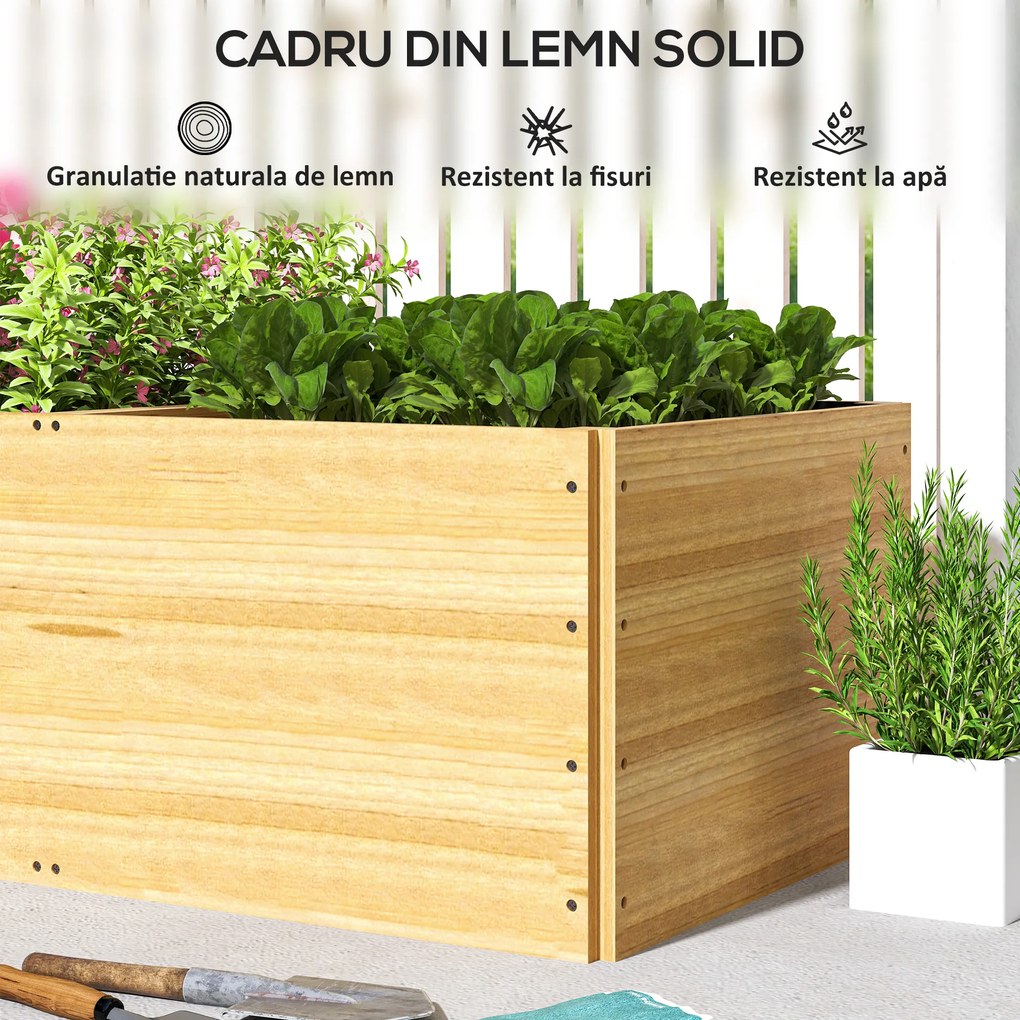 Outsunny Strat de Grădină Înălțat și Adânc cu 3 Zone de Creștere și Strat de Protecție, 140x60x40 cm, Lemn Natural | Aosom Romania