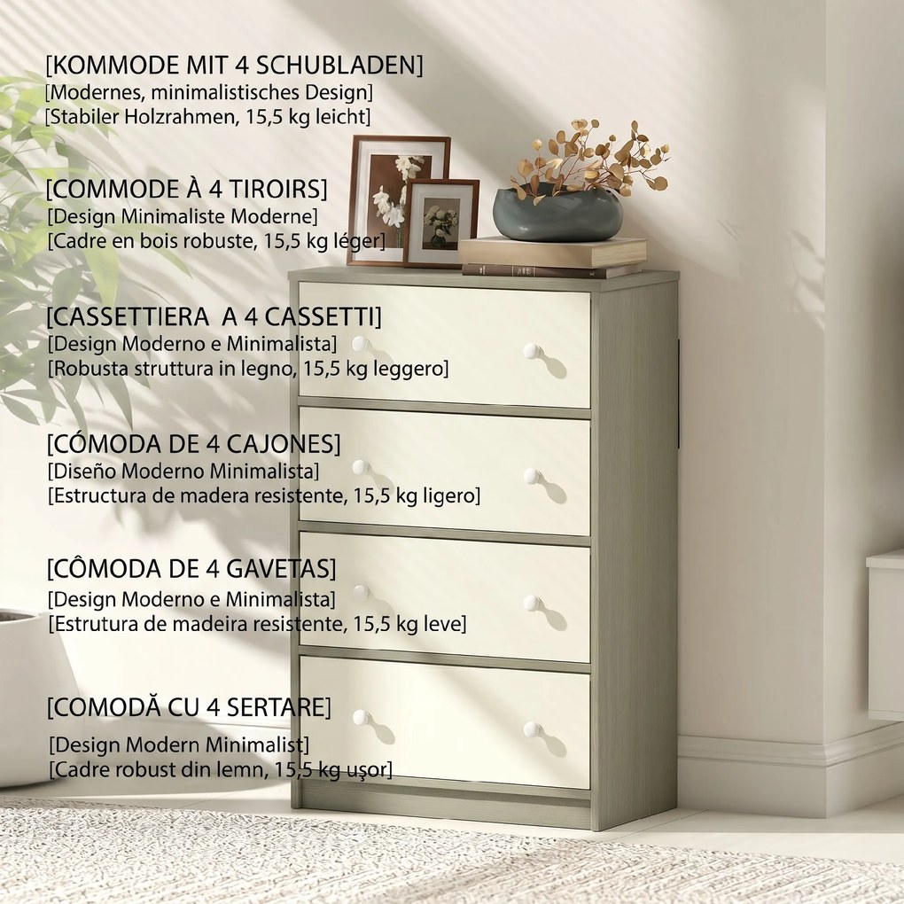 HOMCOM Comodă Modernă cu 4 Sertare Pliabile 58x30x91 cm, Alb și Gri | Aosom Romania