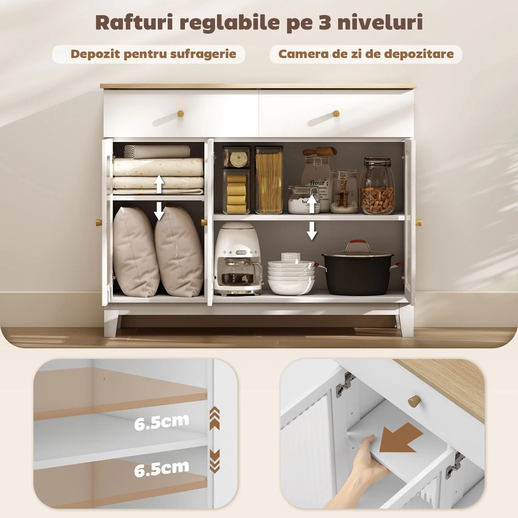 HOMCOM Bufet Bucătărie cu 2 Dulapuri și 2 Sertare, Uși din Sticlă Securizată Canelată, Bufet Sufragerie cu Rafturi Ajustabile, pentru Living sau Sufragerie, 100x35x80.3 cm, Alb și Stejar | Aosom Romania