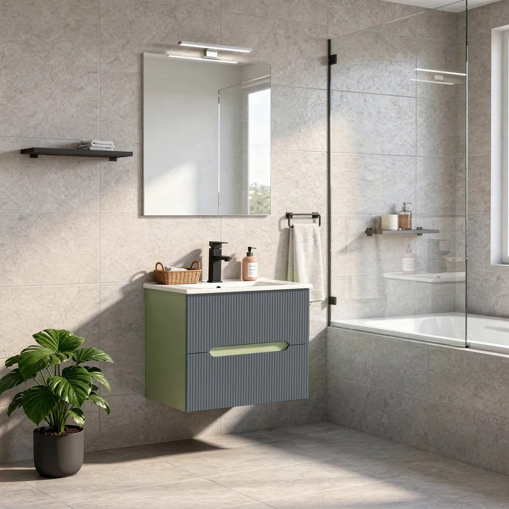 Trent mobilier de baie 60 cm chiuvetă ceramică (2 sertare) cu oglindă 60x80 cm verde fistic-gri antracit