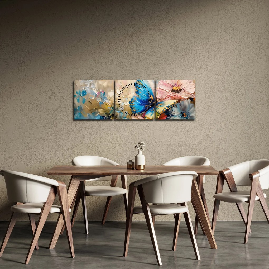 Tablou - Pictura de flori și fluturi (cu ceas) (90x30 cm)