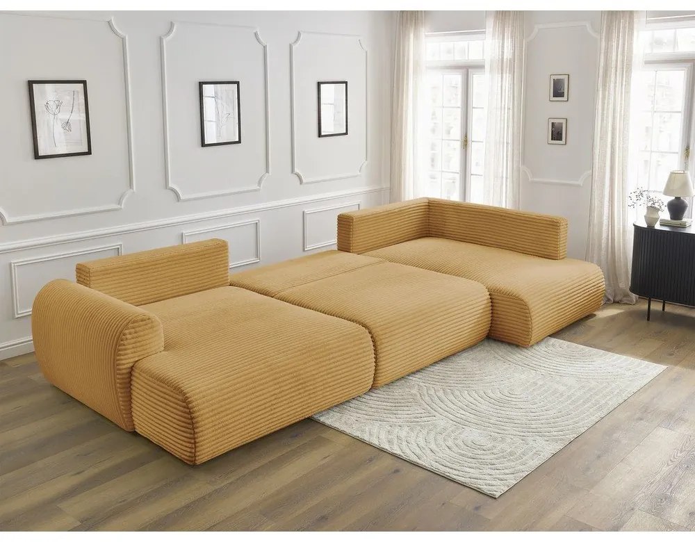 Colțar galben muștar extensibil/cu spațiu de depozitare cu tapițerie din catifea reiată (cu colț pe partea dreaptă/în formă de "U") Lucien – Bobochic Paris