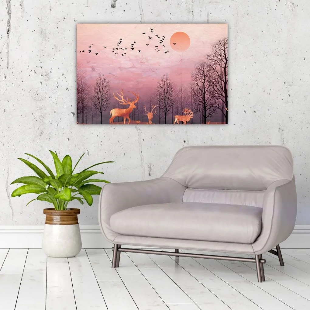 Tablou - Căprioare în strălucirea apusului de soare (90x60 cm)
