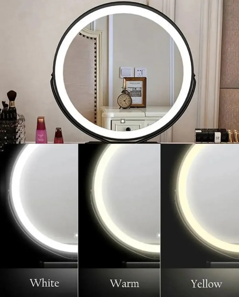 Set GALA — Masă de Toaletă pentru Machiaj cu Oglindă iluminată LED, 3 culori, Control Touch, Comodă cu iluminare LED intre sertare, Taburet, Alb