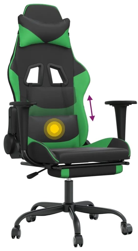 Scaun gaming de masaj suport picioare, negru verde, piele eco