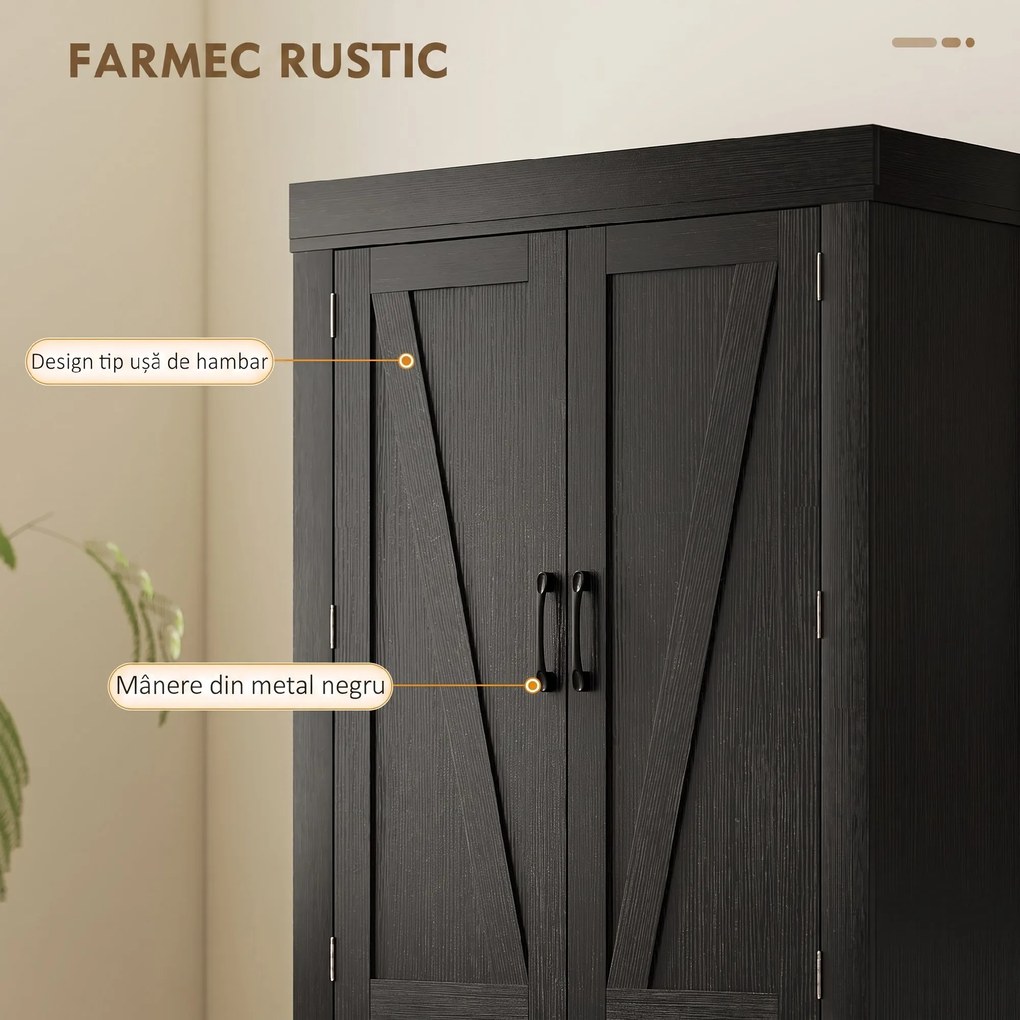 HOMCOM Dulap cămară de bucătărie în stil country, cu 2 dulapuri, 6 rafturi și sertar, din lemn, 76 x 39,5 x 183,5 cm, negru | Aosom Romania