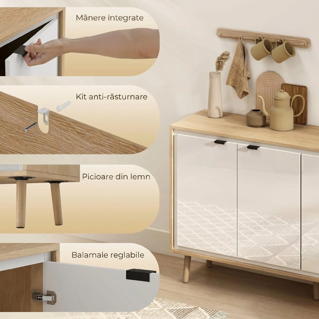 HOMCOM Bufet Modern cu 4 Uși și Raft Reglabil 141x35x77cm Alb și Stejar | Aosom Romania