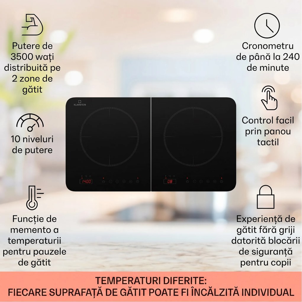 Klarstein Plită dublă cu inducție Cookio 3500W cu temporizator din sticlă ceramică