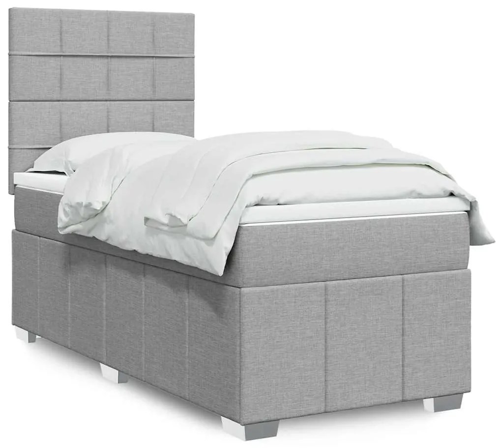 vidaXL Pat box spring cu saltea, gri deschis, 90x190 cm, textil