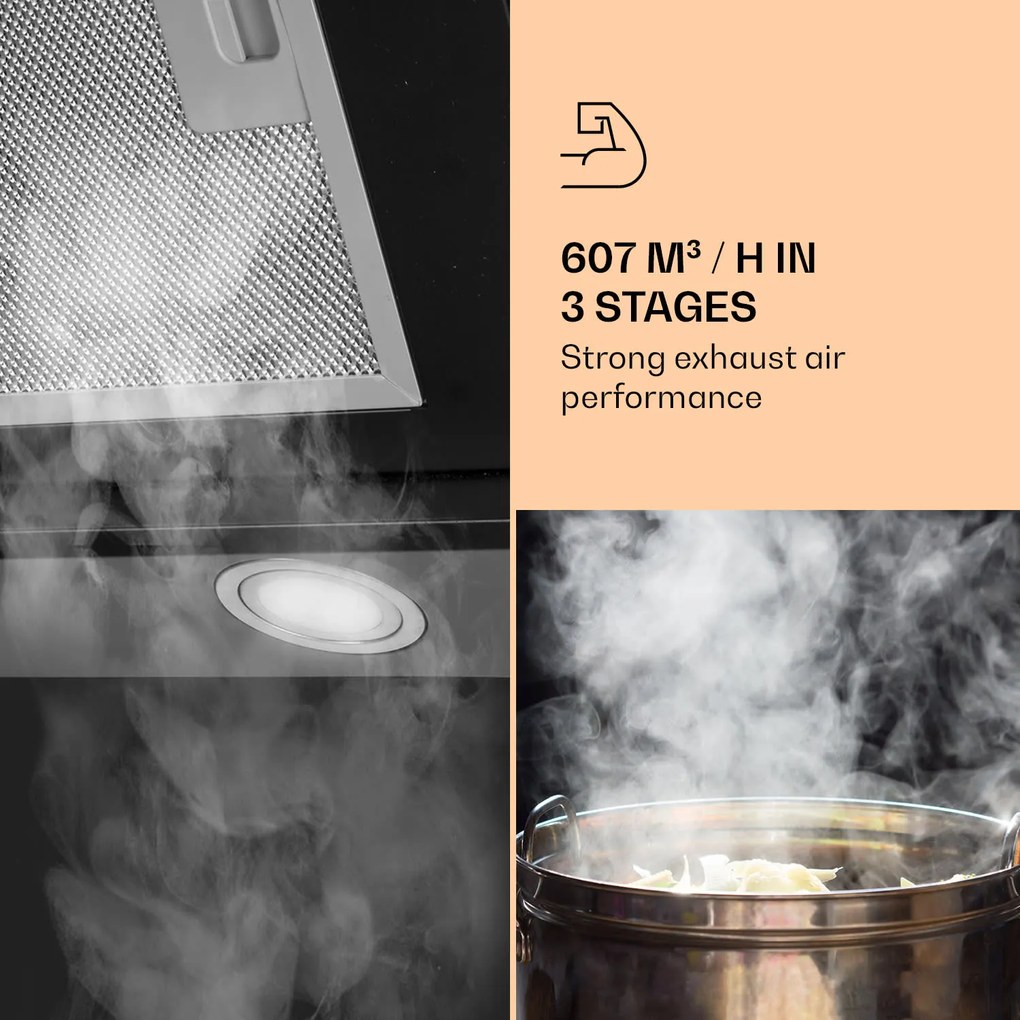 Zola 60, hotă de aburi, spatiu liber deasupra capului, 60 cm, 190 W, 610 m³ / h, LED, neagră