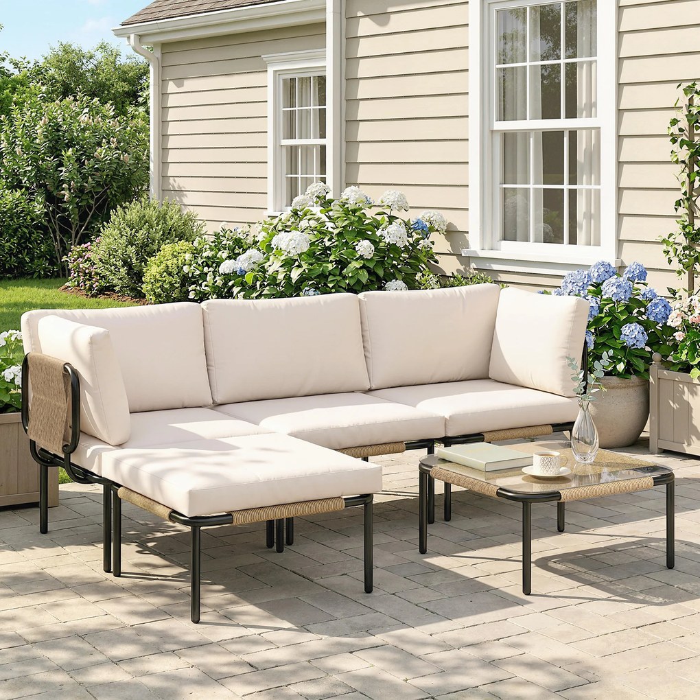 Outsunny Set mobilier gradină din polyrattan 5 piese Set lounge cu 3 fotolii masă cu sticlă taburet scaune late și adânci perne detașabile | Aosom Romania
