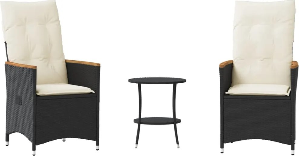 vidaXL Set bistro cu perne, 3 piese, negru, poliratan
