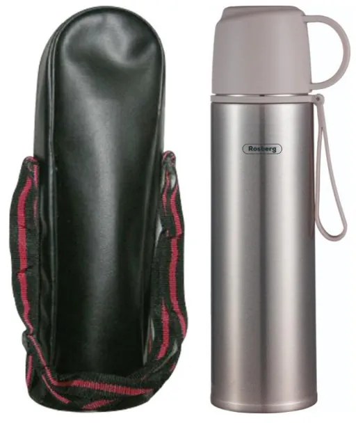 Termos cu husa Rosberg R52010FB, 0.5 l, Izolatie in vid cu doua straturi, Capac pentru pahare, Gri/Inox