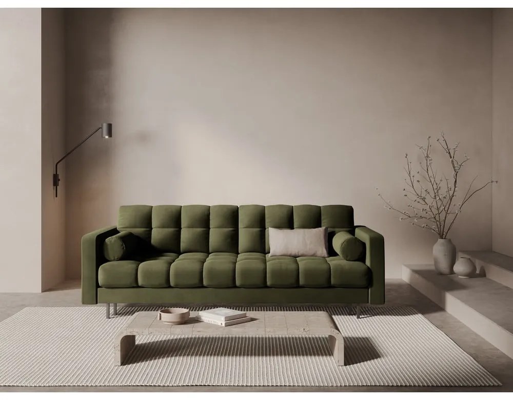 Canapea verde extensibilă, cu spațiu de depozitare cu tapițerie din catifea 222 cm Bali – Cosmopolitan Design