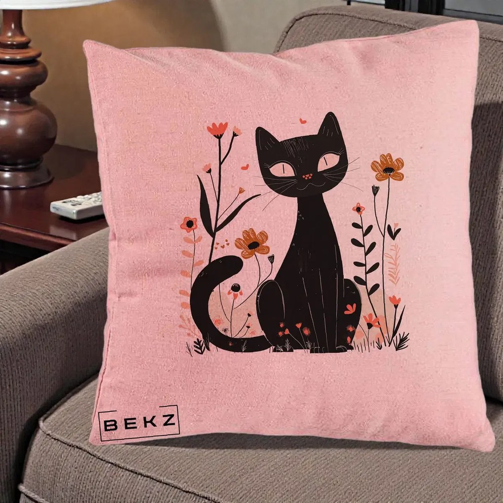 Perna Decorativa Pisica Neagra Flori Pastel Folk, 40x40 cm, Roz, Husa Detasabila, Perna Inclusa, BEKZ®