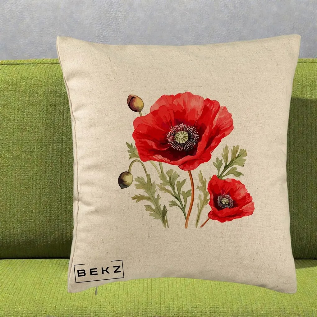 Perna Decorativa Maci Rosii Acuarela, 40x40 cm, Bej, Husa Detasabila, Perna Inclusa, BEKZ®