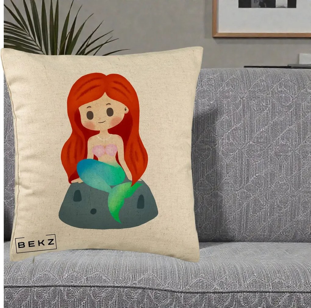 Perna Personalizata Sirena Kawaii Roscat, 40x40 cm, Bej, Husa Detasabila, Perna Inclusa, BEKZ®