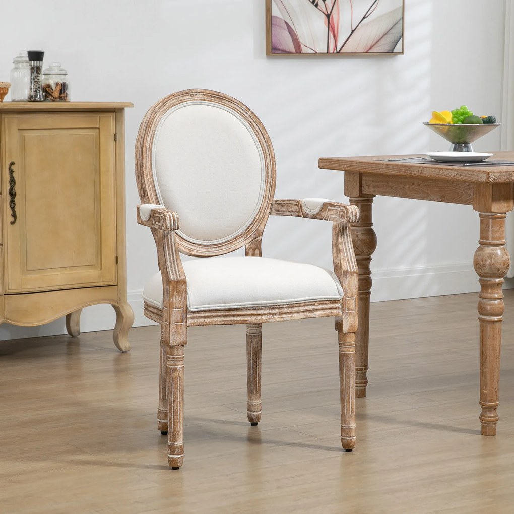 HOMCOM Scaun de dining design retro cu brațe și tapițerie groasă, scaun living în stil in pentru living, lemn de cauciuc crem + helle Holzfarbe 56 x 56 x 96 cm | Aosom Romania
