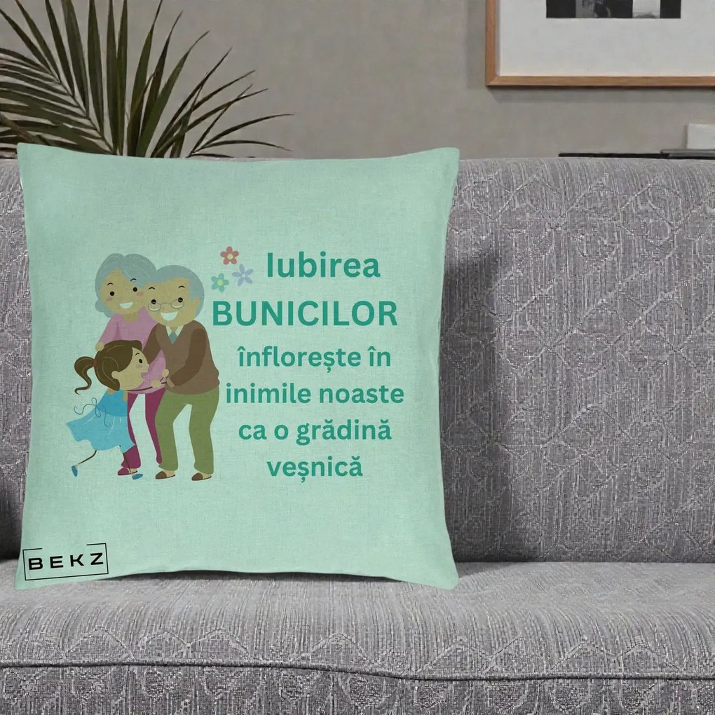 Cadou pentru Bunici - Perna Personalizata Bunicii Iubirea Infloreste cu Nepoata Teal, 40x40 cm, Verde Menta, Husa Detasabila, Perna Inclusa, BEKZ®