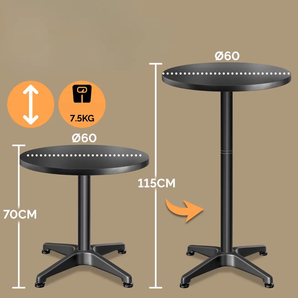 Masă de bar reglabilă din aluminiu NERO, Ø60 cm, negru Casaria